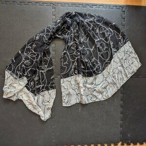 joseph ribkoff black and white scarf abstract faces artsy wrap shawl 34.5" x 70"